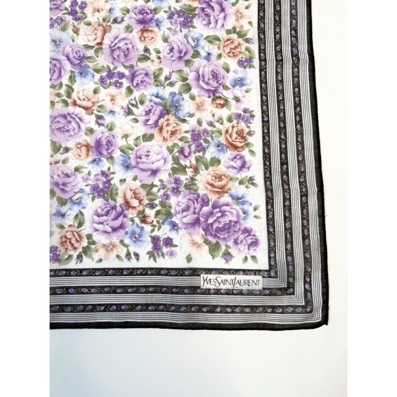 YSL Yves Saint Laurent Scarf Purple Floral w/ Black Striped Border Vintage - Picture 3 of 9